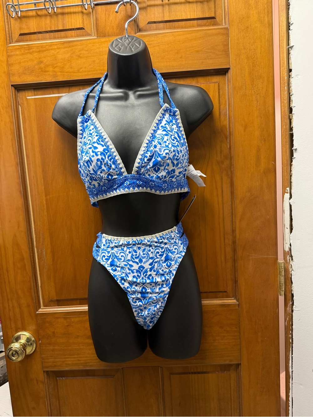 Cupshe Blue and White Printed Halter Bikini Set